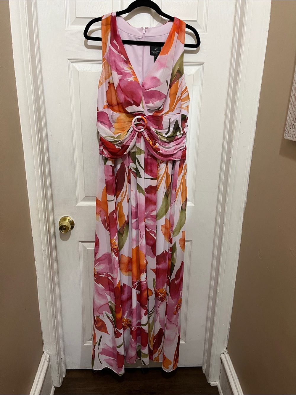 Adrianna Papell Pink & Orange Floral Maxi Dress with Ring Detail